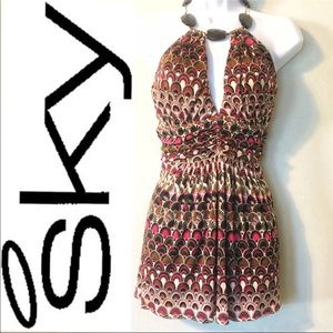 Sky Jewel Detail Cinched Waist Printed Halter Top